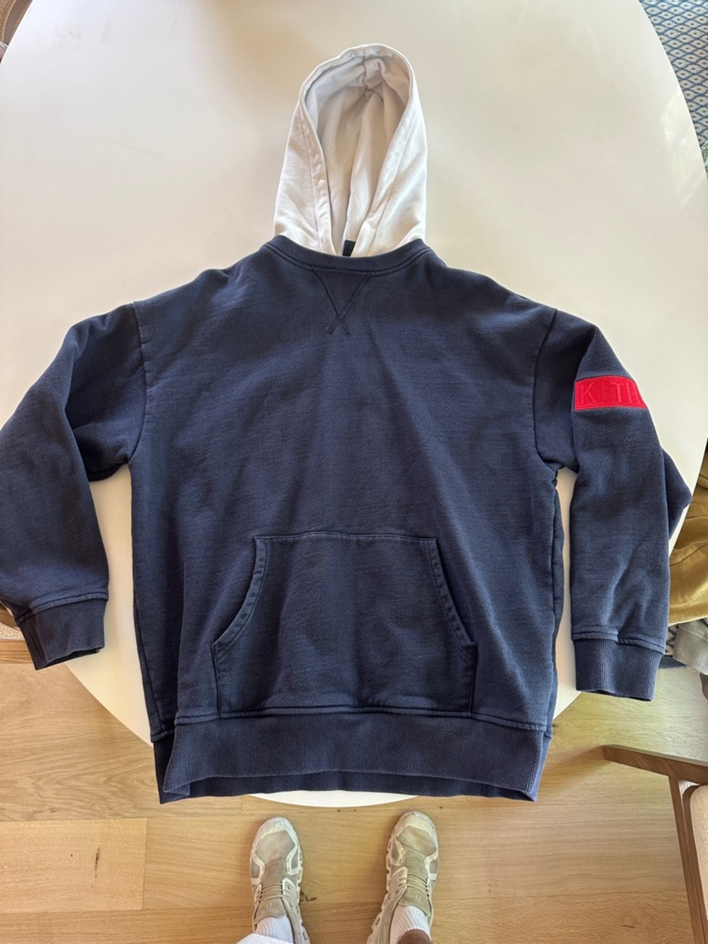 Kith Navy Hoodie with White Hood and Red Sleeve Patch